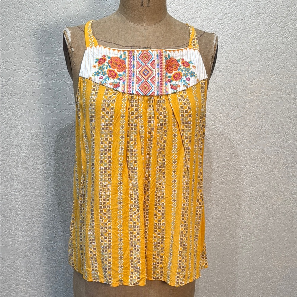 Savanna Jane Yellow Embroidered Tank Top with Floral Yoke